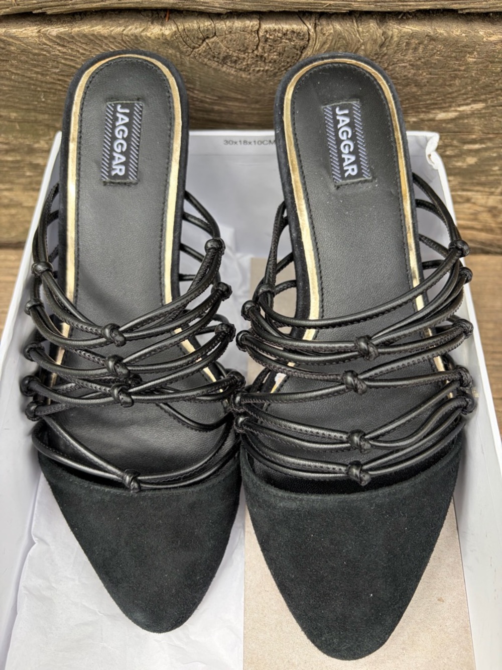 JAGGAR Black 36# Series Flat Knotted Strappy Pointed-Toe Flats
